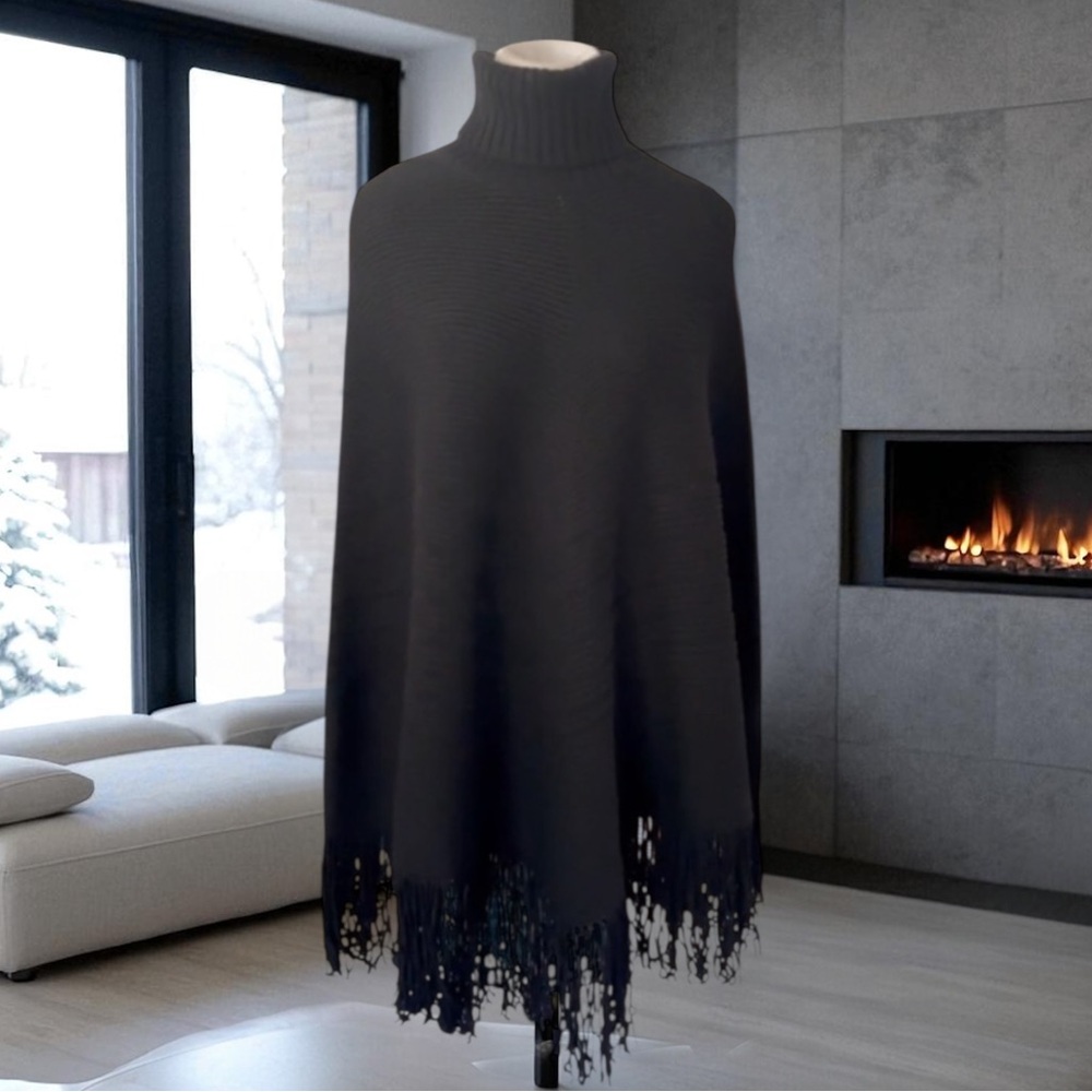 Banana Republic Black Turtleneck Poncho Sweater Fringe Merino Wool Size M/L
